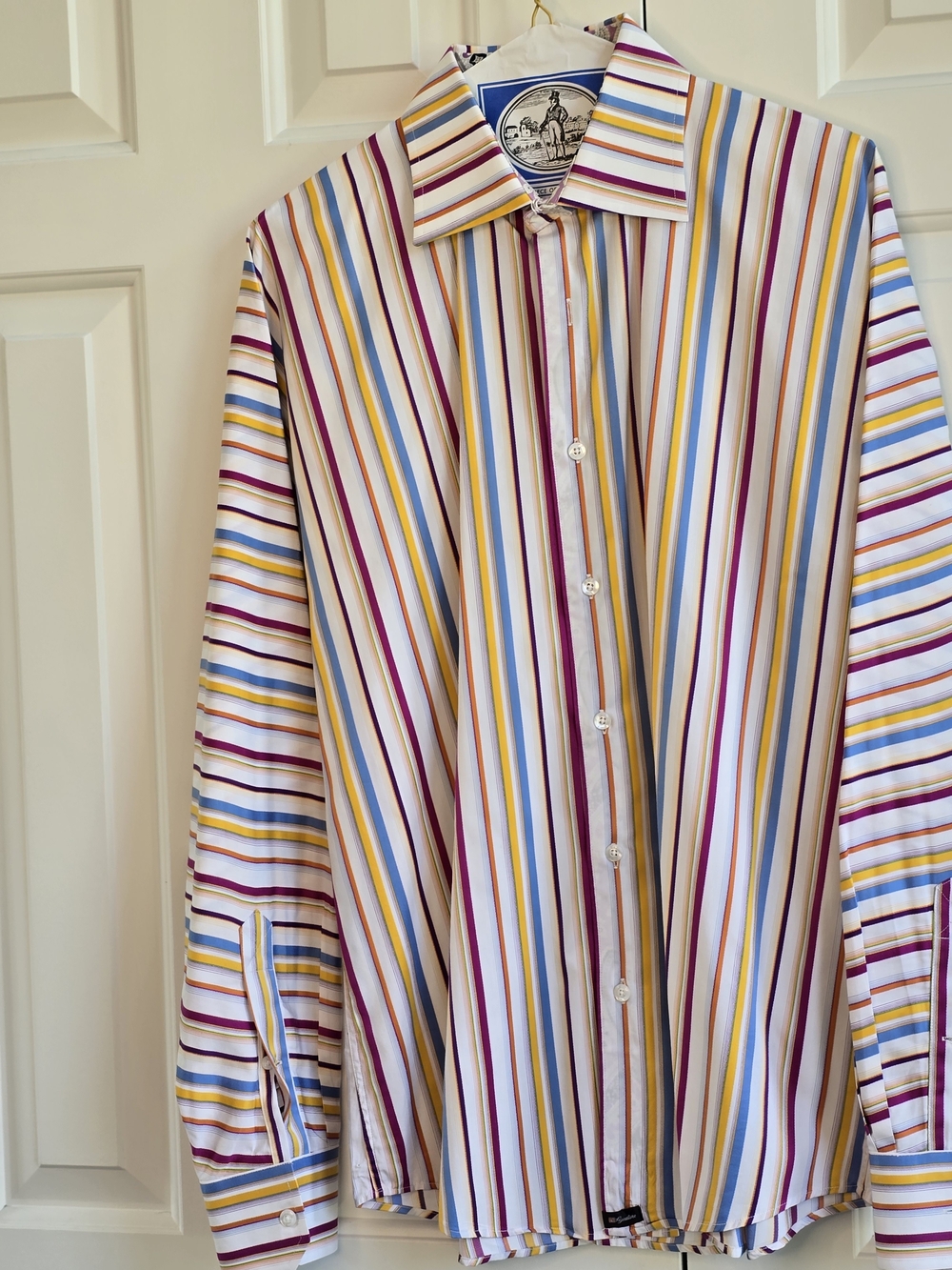 XMI Signature Striped Button-Down Shirt, White  Blue,Yellow & Burgundy Stripes